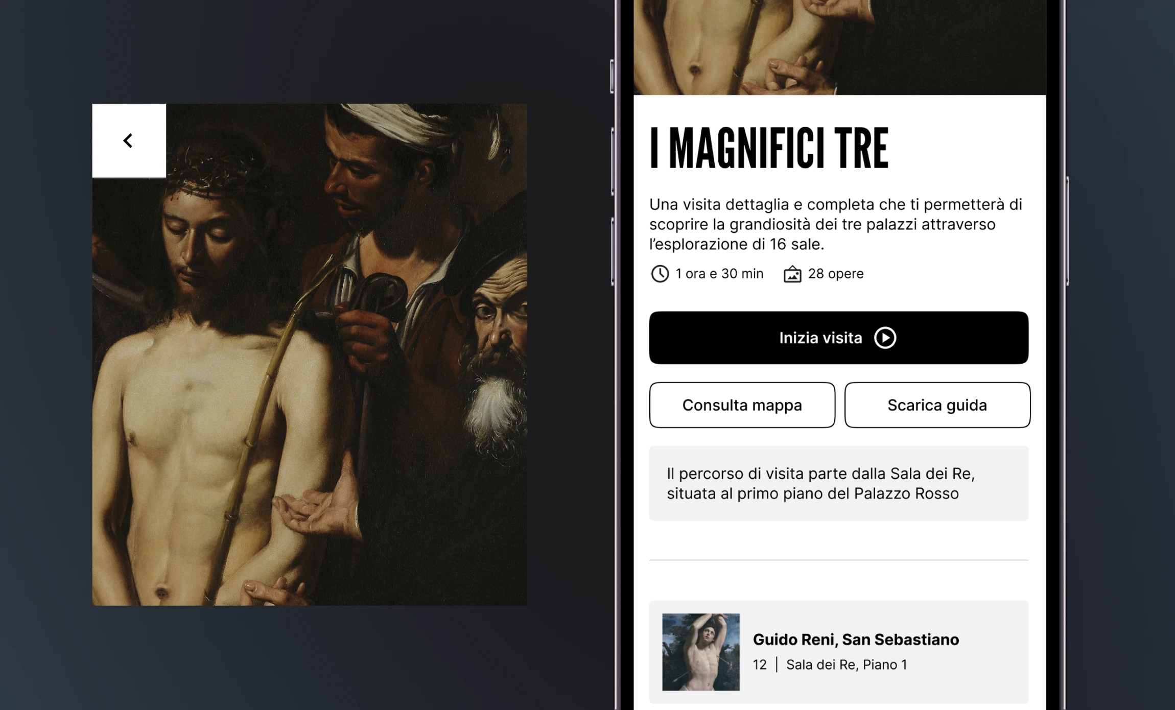 UI detail showing the start of a museum tour in the Strada Nuova app concept